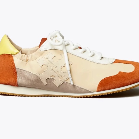 TORY BURCH TORY SNEAKER NYLON/LEATHER/SUEDE T LOGO IVORY/TAN/RUST SZ US 11 - Picture 2 of 8